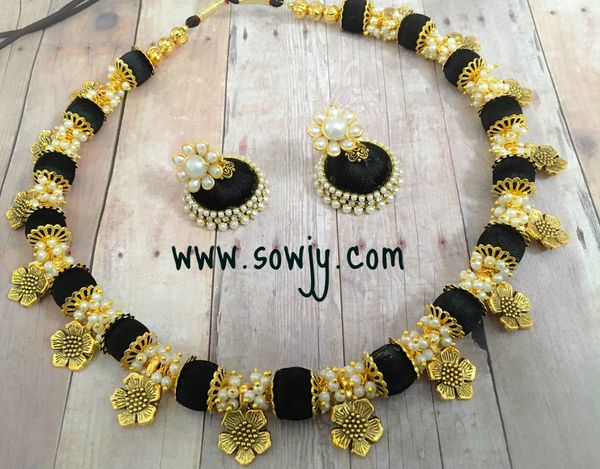 Handmade Silk Thread Flower Charm Choker Set in Black Shades and pearls with Medium Sized Jhumkas!!!!