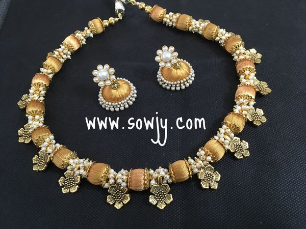 Handmade Silk Thread Flower Charm Choker Set in Gold Shades and pearls with Medium Sized Jhumkas!!!!