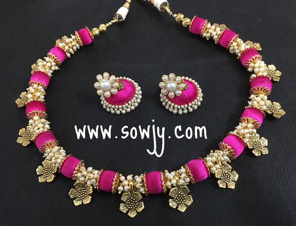 Handmade Silk Thread Flower Charm Choker Set in Bright Pink Shades and pearls with Medium Sized Jhumkas!!!!