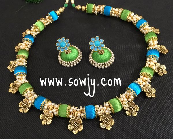 Handmade Silk Thread Flower Charm Choker Set in Blue and Green Shades and pearls with Medium Sized Jhumkas!!!!