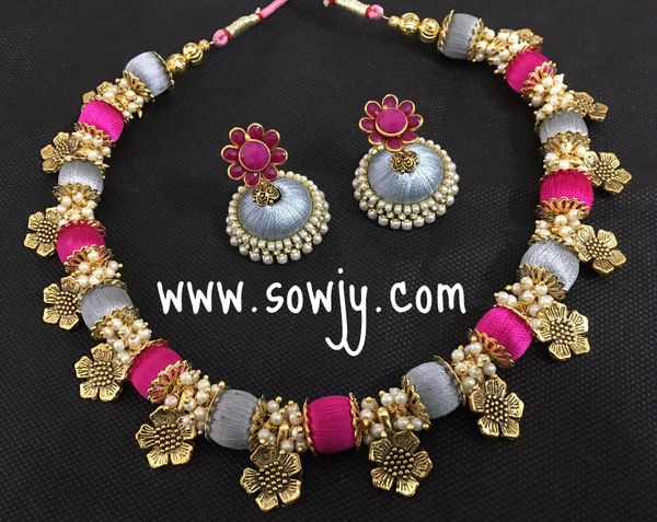 Handmade Silk Thread Flower Charm Choker Set in Pink and Grey Shades and pearls with Medium Sized Jhumkas!!!!