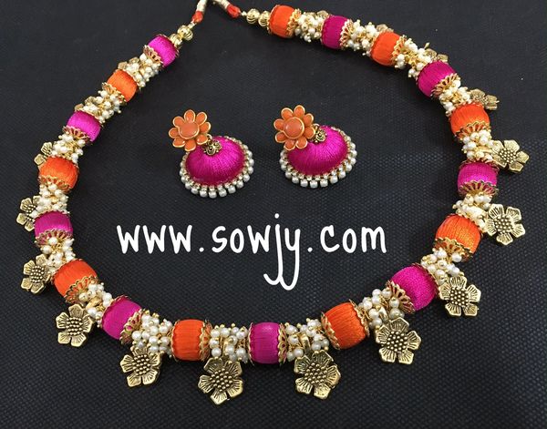 Handmade Silk Thread Flower Charm Choker Set in Orange and Pink and pearls with Medium Sized Jhumkas!!!!