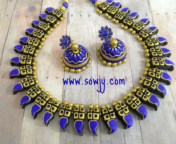 Grand temple Style Terracotta Choker Set with large Sized Jhumkas in Shades of Ink Blue and GOLD!!!!