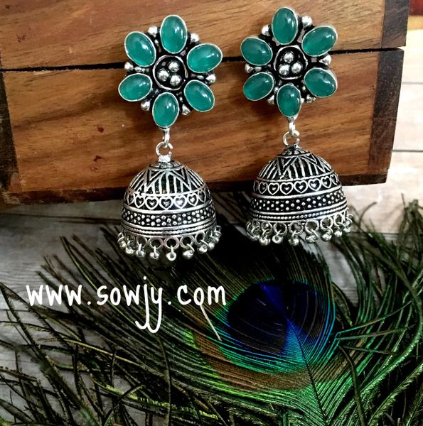 Trendy Emerald Stone Floral Oxidized Large Sized Jhumkas!!!!