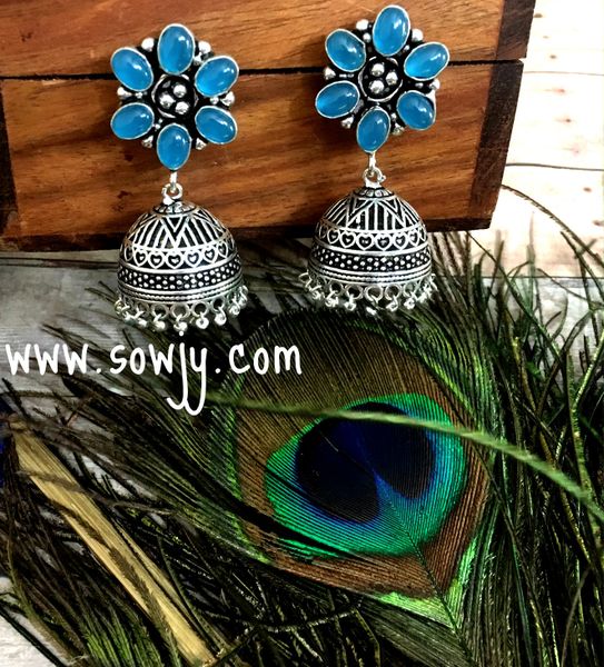 Trendy Blue Stone Floral Oxidized Large Sized Jhumkas!!!!