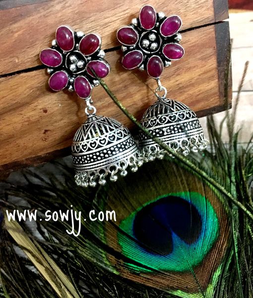 Trendy Ruby Stone Floral Oxidized Large Sized Jhumkas!!!!