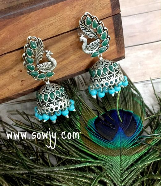 Designer Peacock Studded Emerald Stone Large Sized oxidised Jhumkas!!!!