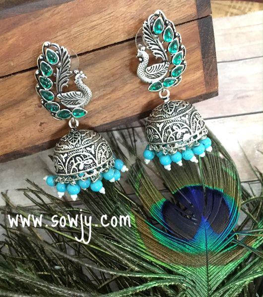 Green Stone Designer Peacock Large Sized Oxidised Jhumkas!!!!