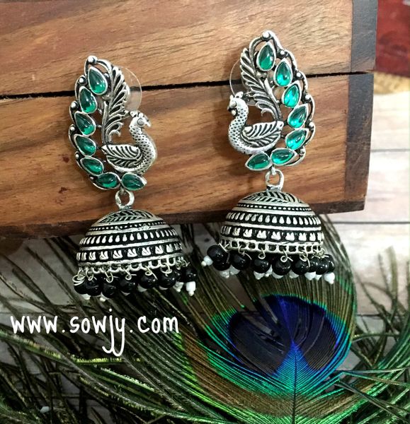 Green Stone and Black Ghungroo Designer Peacock Large Sized Oxidised Jhumkas!!!!