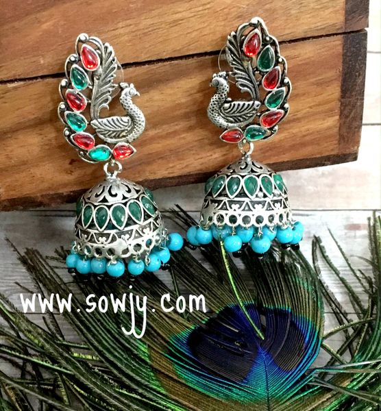 Designer Peacock Large Sized Oxidised Jhumkas in Red and Green Combo!!!!