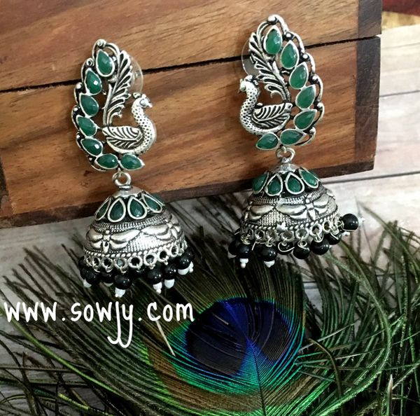 Green and Black Designer Peacock Large Sized oxidised Jhumkas!!!!