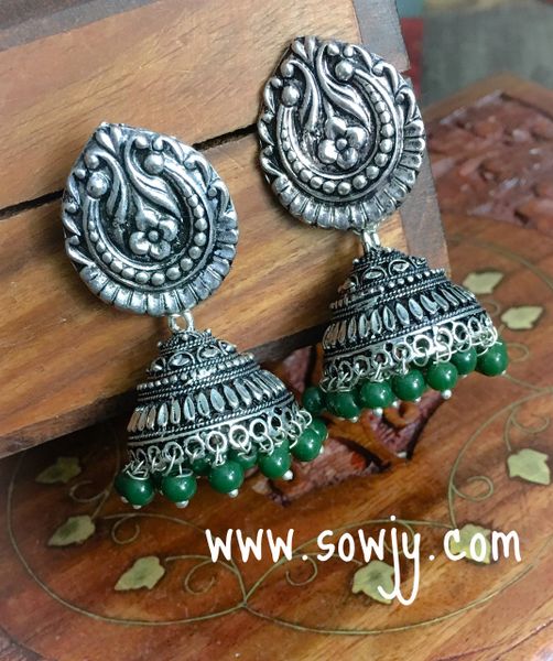 Designer Big Studded Oxidised Large Jhumkas with Green Ghungroos!!!!