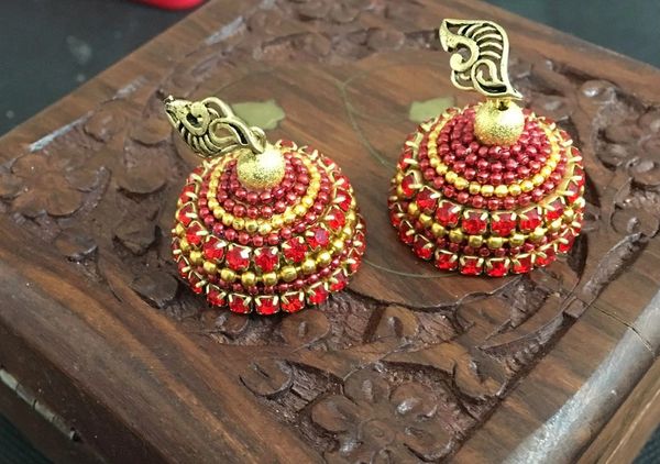 Medium Size Red and Golden Stone Paper Quilled Jhumkas!!!!