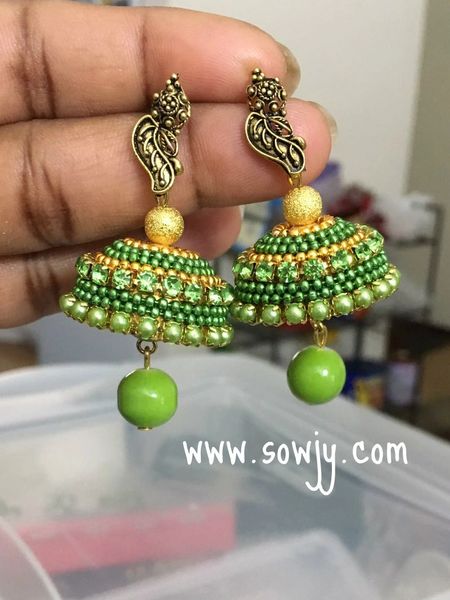 Green Shaded Stone Paper Quilled Jhumkas In Medum Size!!!!