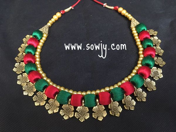 Red and Green Silk Thread Floral Necklace!!!!