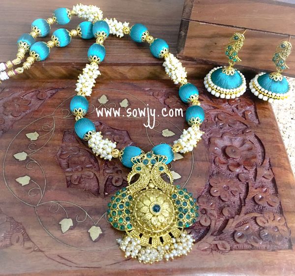 Sea Green Peacock pendant Silk Thread Set with Matching Medium Sized Jhumkas!!!!