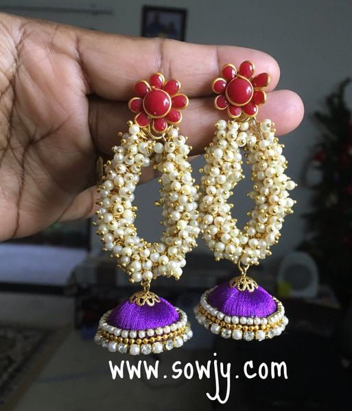 Grand Designer Long Pearl Ghungroo Silk Thread Jhumkas in Shades of Red and Purple!!!!