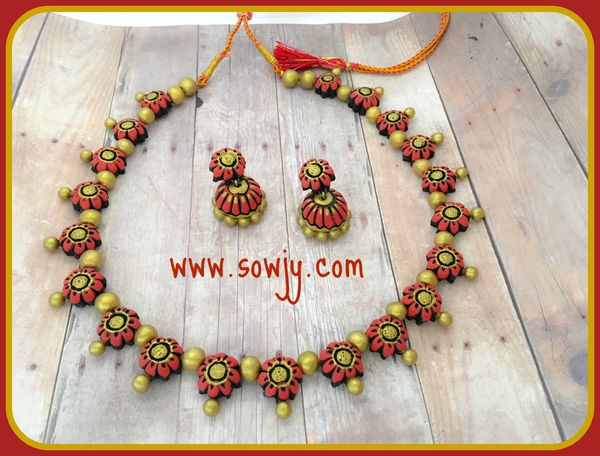 Lovely Floral terracotta Necklace with Medium Sized Jhumkas in Shades of Red!!!