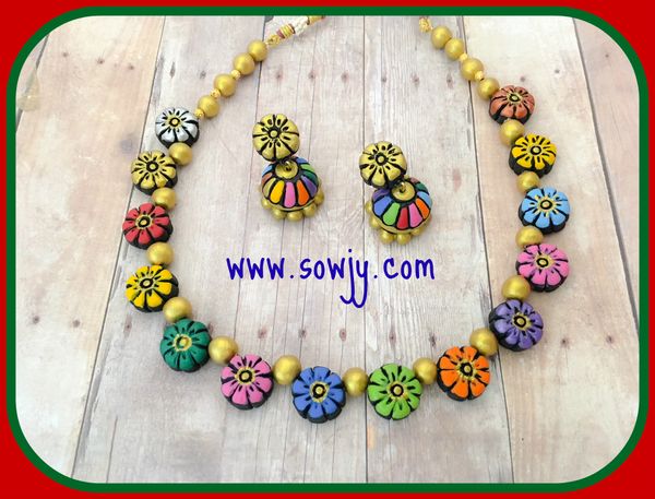 Lovely MultiColor Floral terracotta Necklace with Medium Sized Jhumkas!!!!