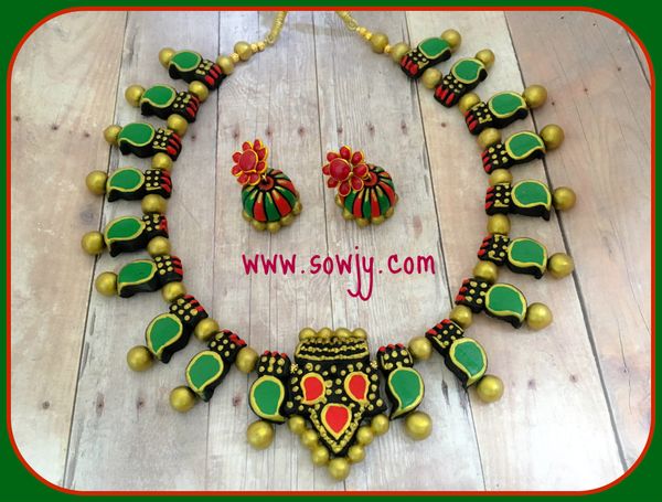 Temple Style Terracotta Maanga Short Haaram with Medium Sized Jhumkas in Shades of Green and Red!!!