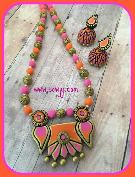 Grand DEsigner Terracotta DUal Maanga Long Necklace with Large Sized Jhumkas in Shades of Pink,Orange and Gold!!!