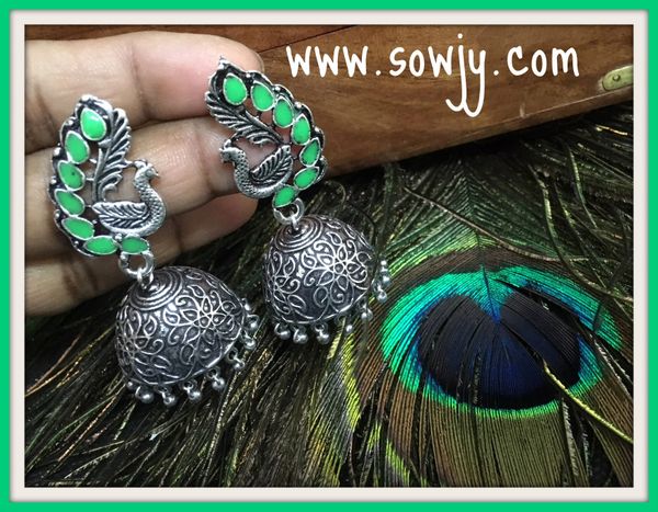 Oxidised Designer peacock Large Sized Jhumkas in Piusta Green Shade!!!