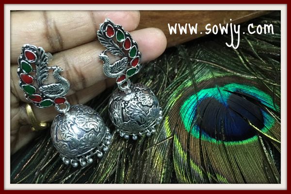 Oxidised Designer peacock Large Sized Jhumkas in Red and Green Shade!!!