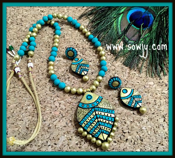 Designer Fish pendant terracotta Set with Matching Earrings in Shades of Ramar Green and Gold!!!!