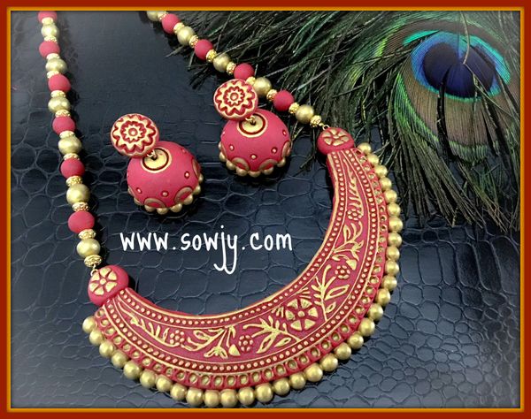 Grand Semicurved Designer Polymer Clay Pendant Set with Large Sized Jhumkas in Shades of Red and Gold!!!!