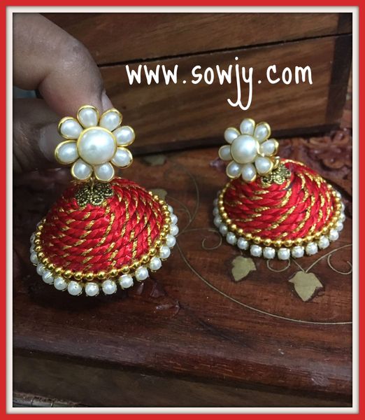 Large Sized Zari Thread Light weighted Jhumkas In Red and pearl!!!!
