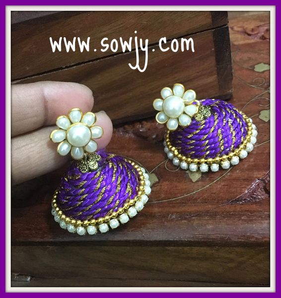 Large Sized Zari Thread Light weighted Jhumkas In Purple and Pearl !!!!
