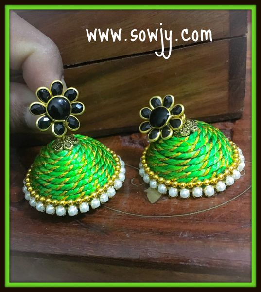 Large Sized Zari Thread Light weighted Jhumkas InLight Green and Black!!! !!!!