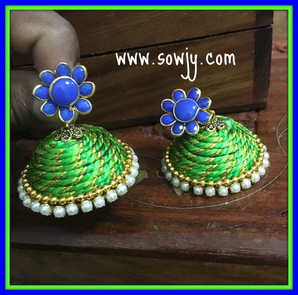Large Sized Zari Thread Light weighted Jhumkas In Light Green and Blue!!!