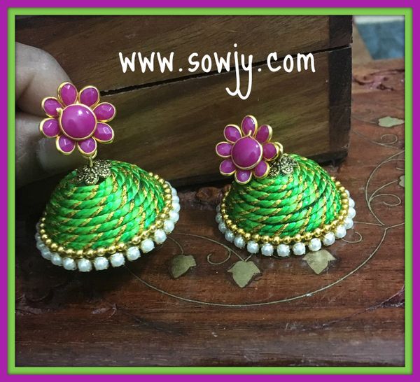 Large Sized Zari Thread Light weighted Jhumkas In Light Green and Pink!!!!