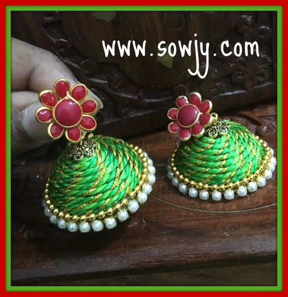 Large Sized Zari Thread Light weighted Jhumkas In Light Green and RED!!!!