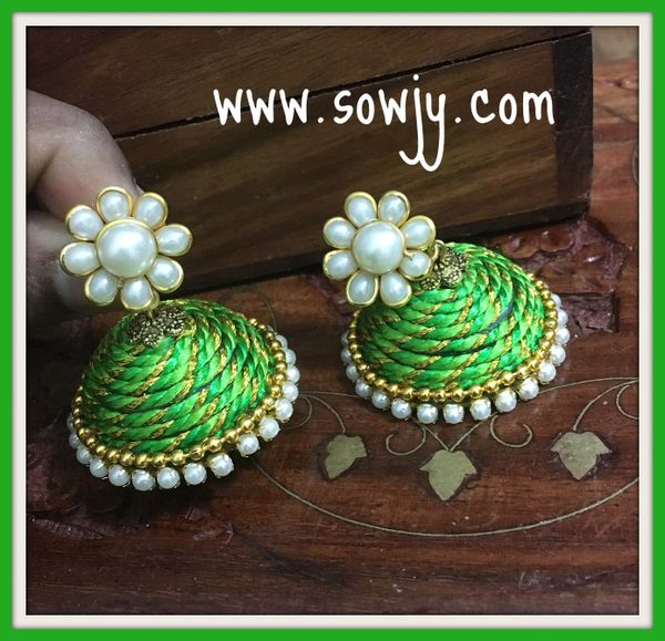 Large Sized Zari Thread Light weighted Jhumkas In Light Green and Pearl!!!