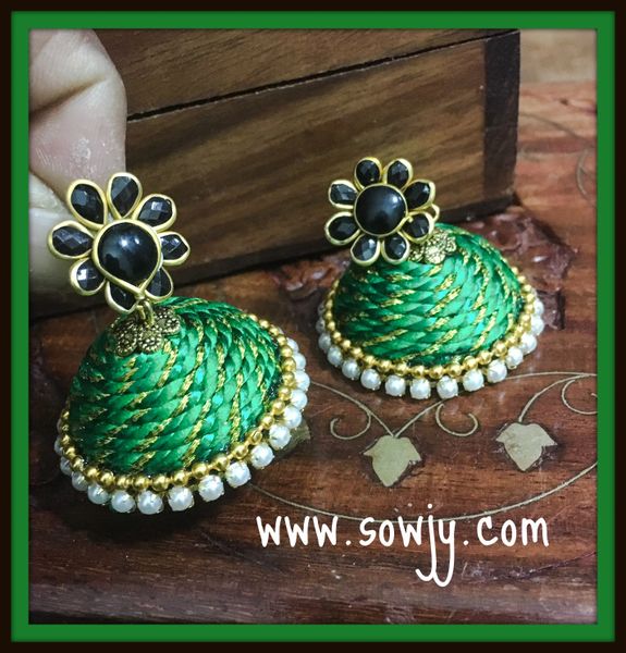 Large Sized Zari Thread Light weighted Jhumkas In Dark Green and Black!!!