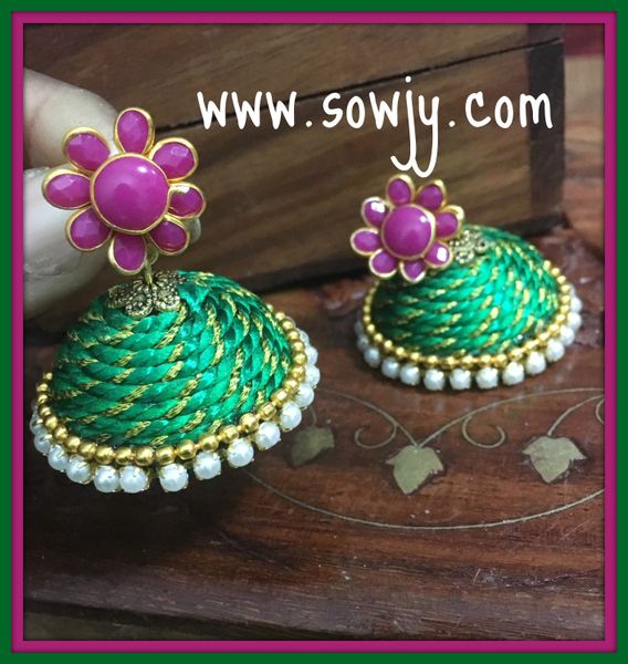 Large Sized Zari Thread Light weighted Jhumkas In Dark Green and Pink!!!