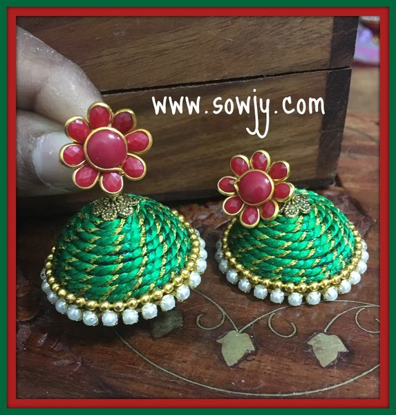 Large Sized Zari Thread Light weighted Jhumkas In Dark Green and RED!!!