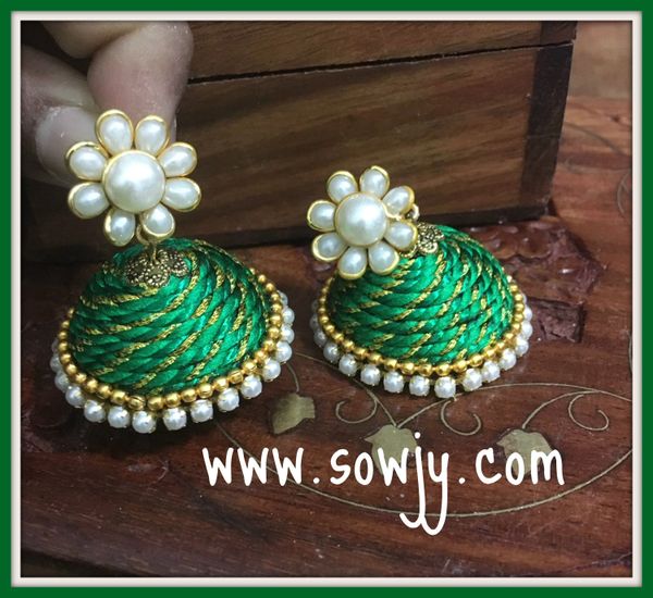 Large Sized Zari Thread Light weighted Jhumkas In Dark Green and Pearl!!!