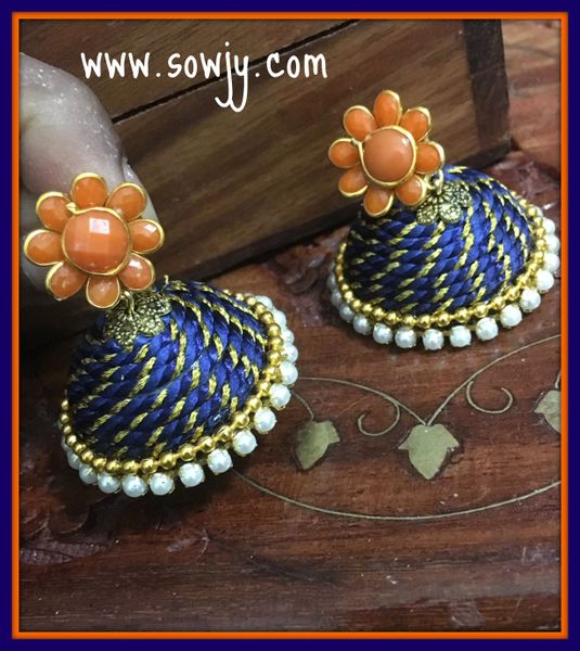 Large Sized Zari Thread Light weighted Jhumkas In Dark Blue and Orange!!!!