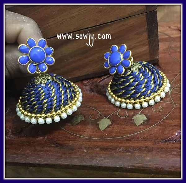 Large Sized Zari Thread Light weighted Jhumkas In Dark Blue !!!!