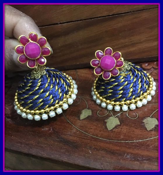 Large Sized Zari Thread Light weighted Jhumkas In Dark Blue and Pink !!!!
