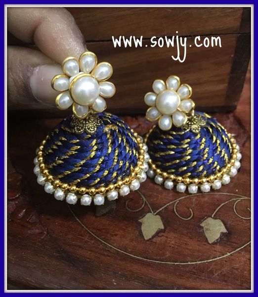 Large Sized Zari Thread Light weighted Jhumkas In Dark Blue and Pearl !!!
