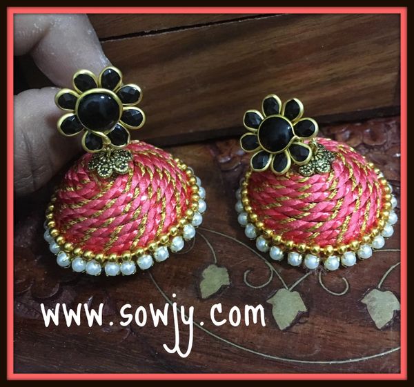 Large Sized Zari Thread Light weighted Jhumkas In Peach Color and Black!!!!!!!