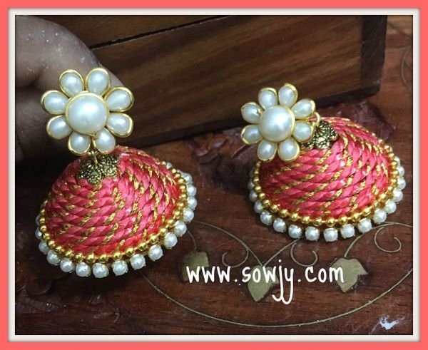 Large Sized Zari Thread Light weighted Jhumkas In Peach Color and Pearl!!!!