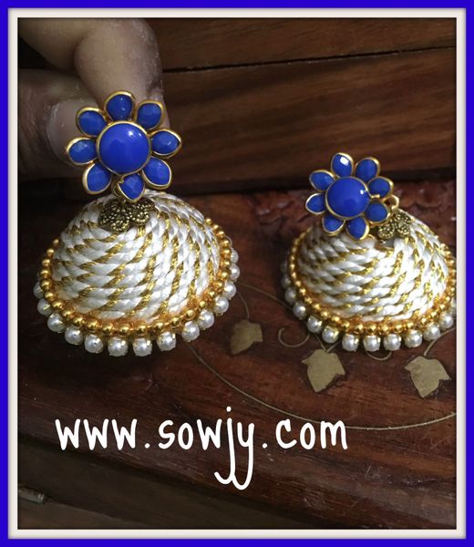 Large Sized Zari Thread Light weighted Jhumkas In White and Blue!!!!!