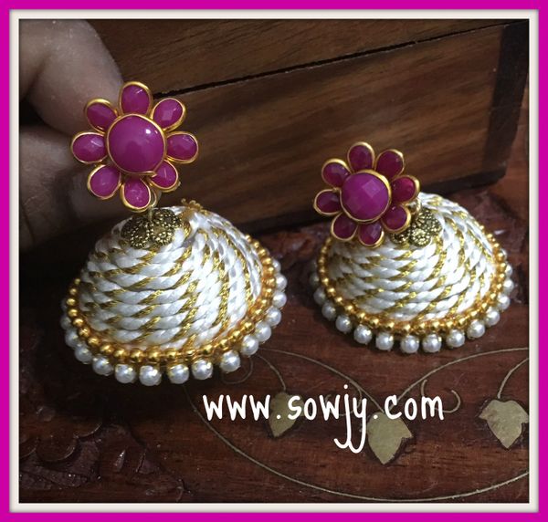 Large Sized Zari Thread Light weighted Jhumkas In White and Pink!!!!!