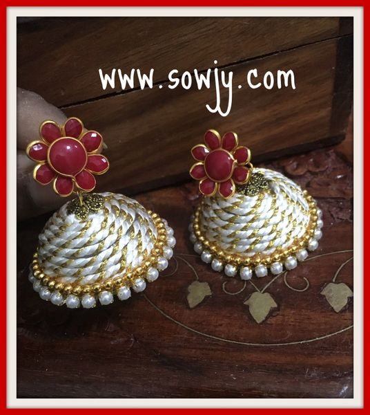 Large Sized Zari Thread Light weighted Jhumkas In White and Red!!!!!