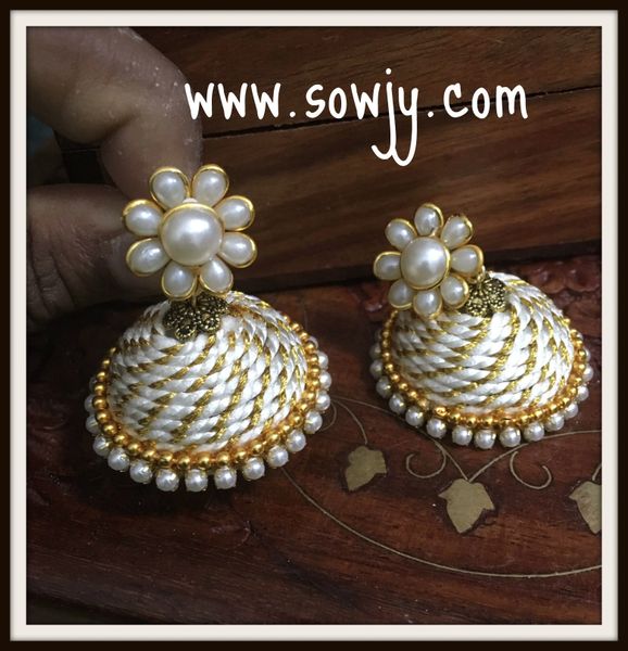 Large Sized Zari Thread Light weighted Jhumkas In White and Pearl!!!!!